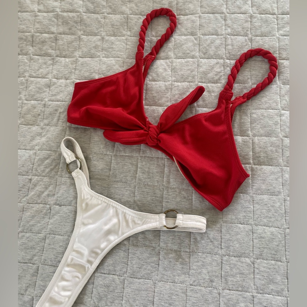Urban Outfitters cherry red ribbed front tie twist strap bikini top medium